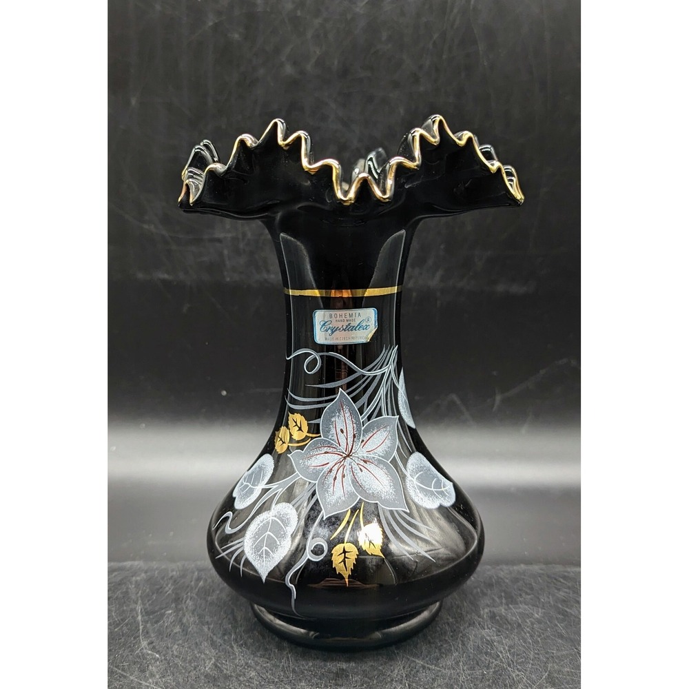 Vintage Bohemia Crystalex Amethyst Glass Vase Gold Ruffle Hand Painted Iris 7.75
